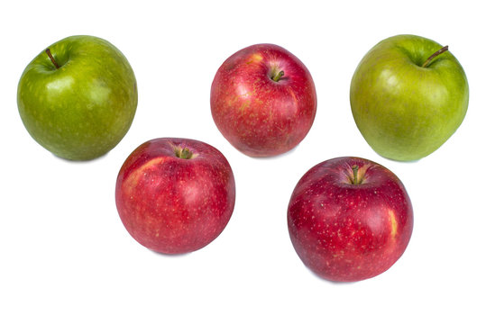 Five apples on a white background.