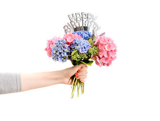 Happy Birthday Hand holding Flowers with Birthday crown