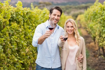 Young happy couple holding a glass of wine and looking at camera