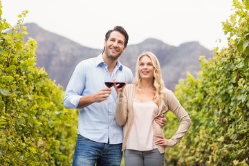 Young happy couple holding a glass of wine