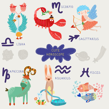 Cute horoscope. Zodiac set. Libra,scorpio,sagittarius, capricorn