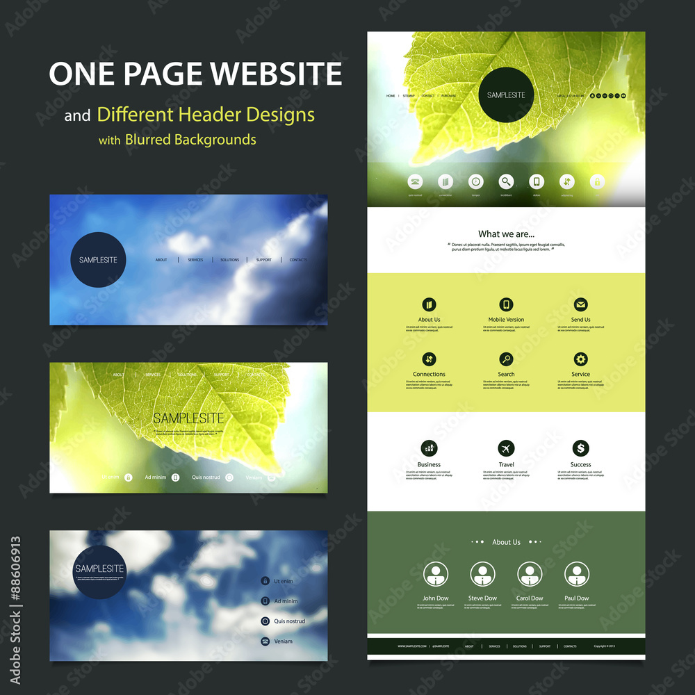 Wall mural one page website template and different header designs with blurred backgrounds
