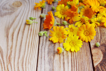 Fototapeta na wymiar Yellow summer flowers on a wooden surface. Bouquet from a marigold. Calendula flowers. Holidays background in vintage style.