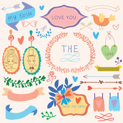 Wedding graphic set, arrows, hearts, laurel, wreaths, ribbons an