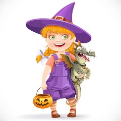 Cute little witch with a dragon under his arm and a pumpkin bask