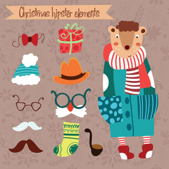 Hipster bear.Christmas vector set with hipster and christmas ele