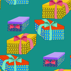 Boxes with gifts on a green background.Seamless.
