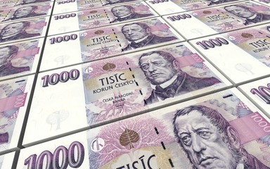 Czech koruna bills stacks background.