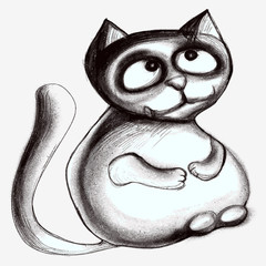 Cartoon cat. Black and white drawing.