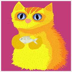 Cheerful yellow cat with a fish in his hands.Happy family of cat prepares fish for dinner.