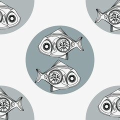 Beautiful fish Steampunk and gray circles.Seamless. - 88609587