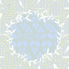 Delicate background with birds and leaves in light blue colors. Seamless.