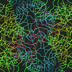 Abstract seamless pattern in bright colors on a black background.