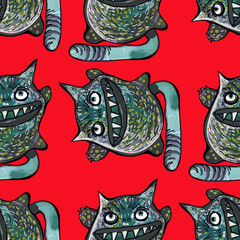 Funny cats-monsters on a red background. Seamless.