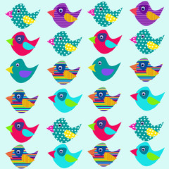 Cheerful seamless background in cartoon style. Project for textiles. Wallpaper for the nursery. Colorful funny birds.