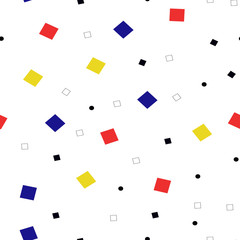 Geometric pattern of squares of yellow, blue, red and black on a white background. Seamless.