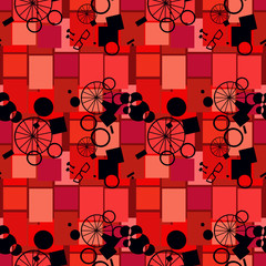 Wheel black on a red background of squares. Seamless.