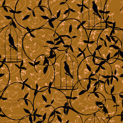 Naklejka na ściany i meble Graphic pattern with birds in brown and gold tones.Seamless.