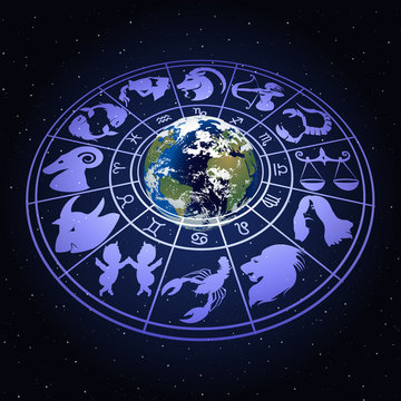 vector illustration of zodiac signs around the planet earth with a clarification. seamlessly superimposed on a black background