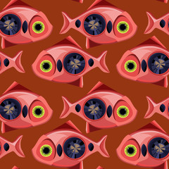 Big pink fish on a brown background.Seamless style steam punk. - 88611700