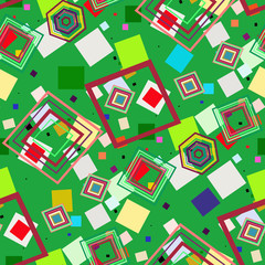 Randomly arranged colored squares on a green background. Seamless.