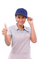female service staff showing thumb up hand gesture