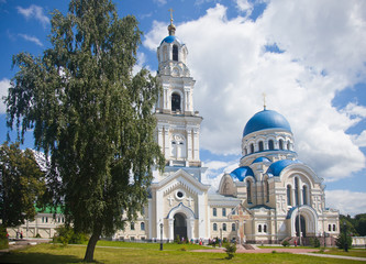 Fototapeta na wymiar Kaluga Sacred and Uspenskaya Tikhon Pustin. Belltower and Cathedral of the Dormition of the Theotokos.