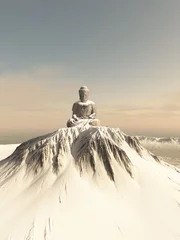 Photo sur Aluminium Bouddha Illustration d& 39 une statue géante de Bouddha au sommet d& 39 un sommet de montagne couvert de neige solitaire, illustration 3d numériquement rendue