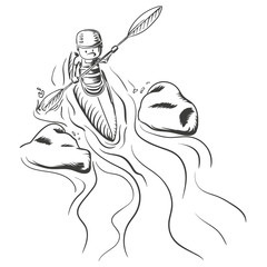Hand drawn illustration of kayaking. A man going down the river. EPS10 vector illustration