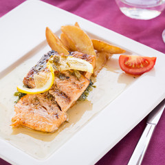 Grilled salmon in restaurant