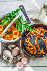 Homemade chanterelle mushrooms on pan