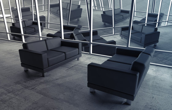 Abstract Surreal Office Interior With Black Sofas