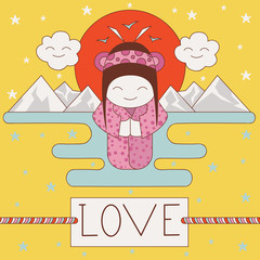 Japanese geisha in the sun, mountains, water.