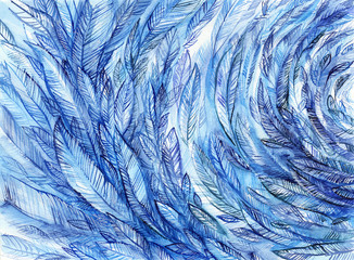 blue feathers in a circle, watercolor abstract background