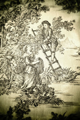 Detail of a tapestry circa 18th century (period of the French Revolution). Young peasants, guy and...