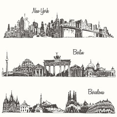 Set cities New york Berlin Barcelona vector sketch - obrazy, fototapety, plakaty