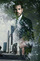 Double exposure of young confident businessman.