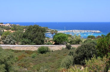 Fototapeta na wymiar Voie de chemin de fer Calvi-Ile Rouse et marine de San Damiano ( Hte-Corse )
