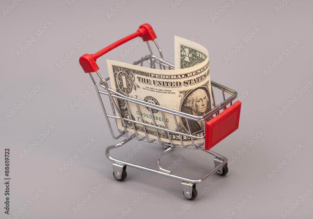 Poster shopping cart with one dollars on gray background