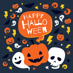 Happy Halloween pattern with traditional elements,pumpkin, skull, bat, ghost, etc.