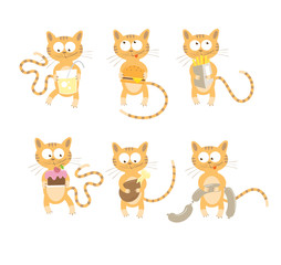 Obraz na płótnie Canvas Set with six cute cartoon cats and different food.