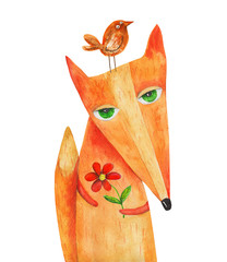 Plakaty  Fox Portrait with bird and flower. Watercolor