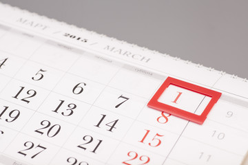 2015 year calendar. March calendar with red mark on 1 March isol