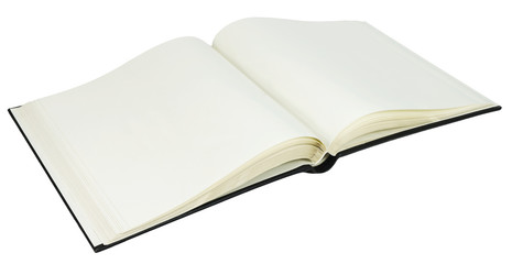 Opened book with blank pages on a white background
