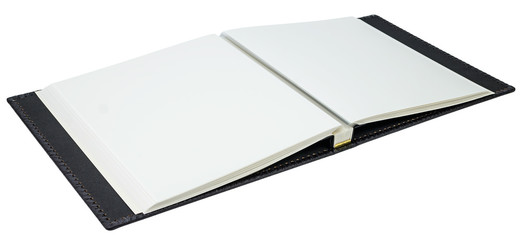 Opened book with blank pages on a white background