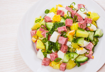 Fresh salad with potato, egg, salami, cucumber and green onion