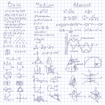 Math notes. Vector of Mathematics on seamless grid paper. 3 different levels, basic, medium and advanced.
