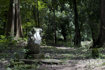 Five-headed Naga Statues in an Angkorian ruins area in Laos