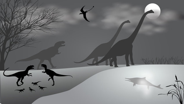 Dinosaurs against the landscape. Black-and-white vector illustration