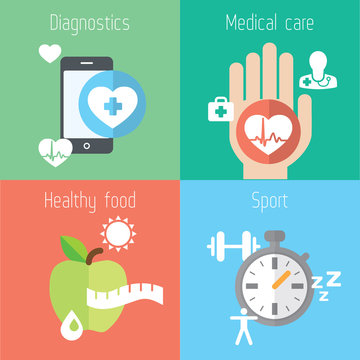 Healthy lifestyle flat stylish illustration set. Medicine, health care, food and sport theme.